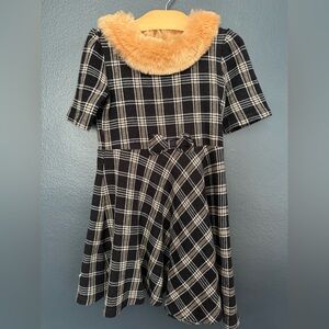 Janie and Jack Black and Cream Plaid Dress with Faux Fur Collar
